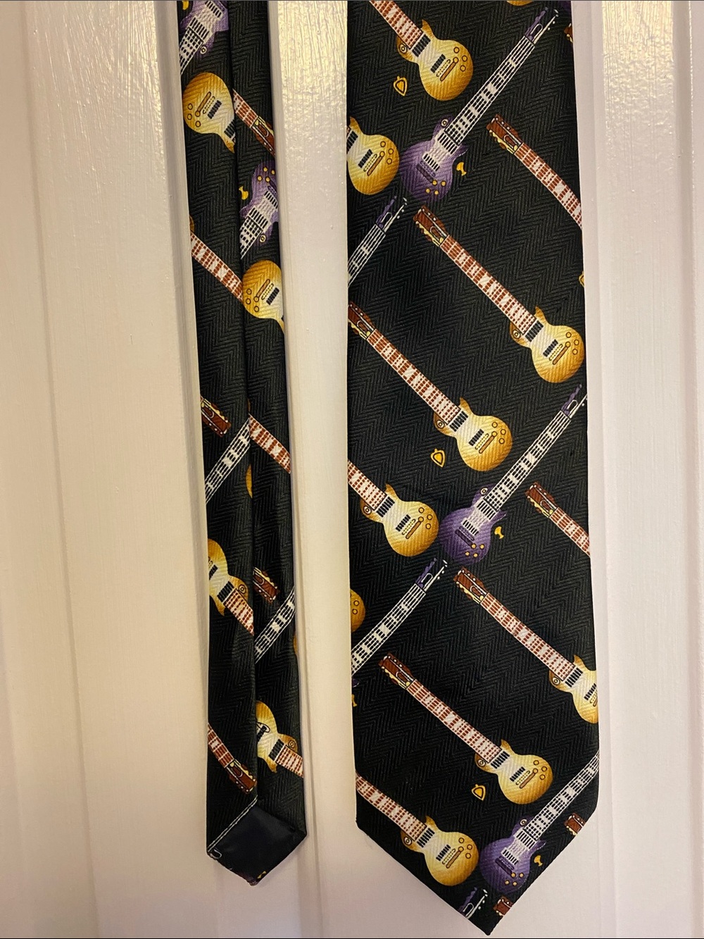 Guitar Print Black Silk Tie